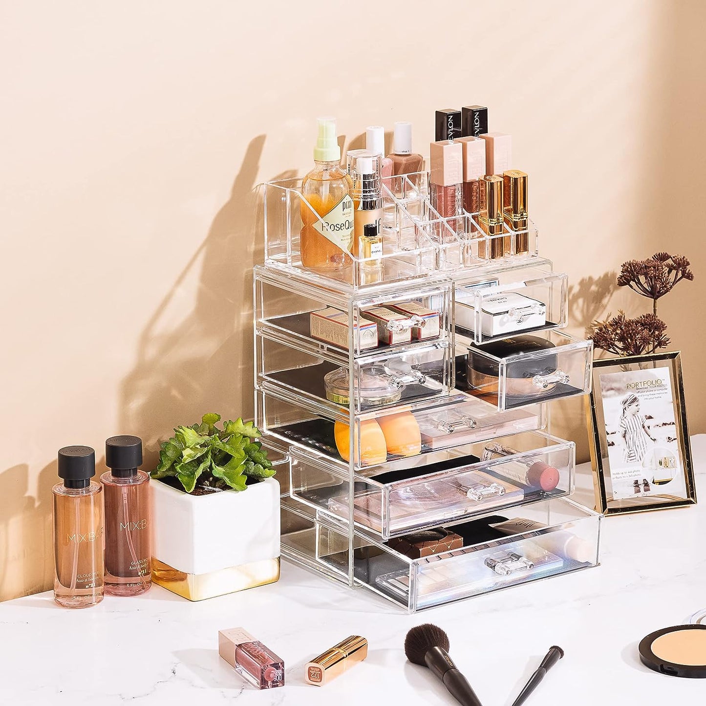 Clear Cosmetic Makeup Organizer - Make up & Jewelry Storage, Case & Display - Spacious Design - Great Holder for Dresser, Bathroom, Vanity & Countertop (3 Large, 4 Small Drawers)