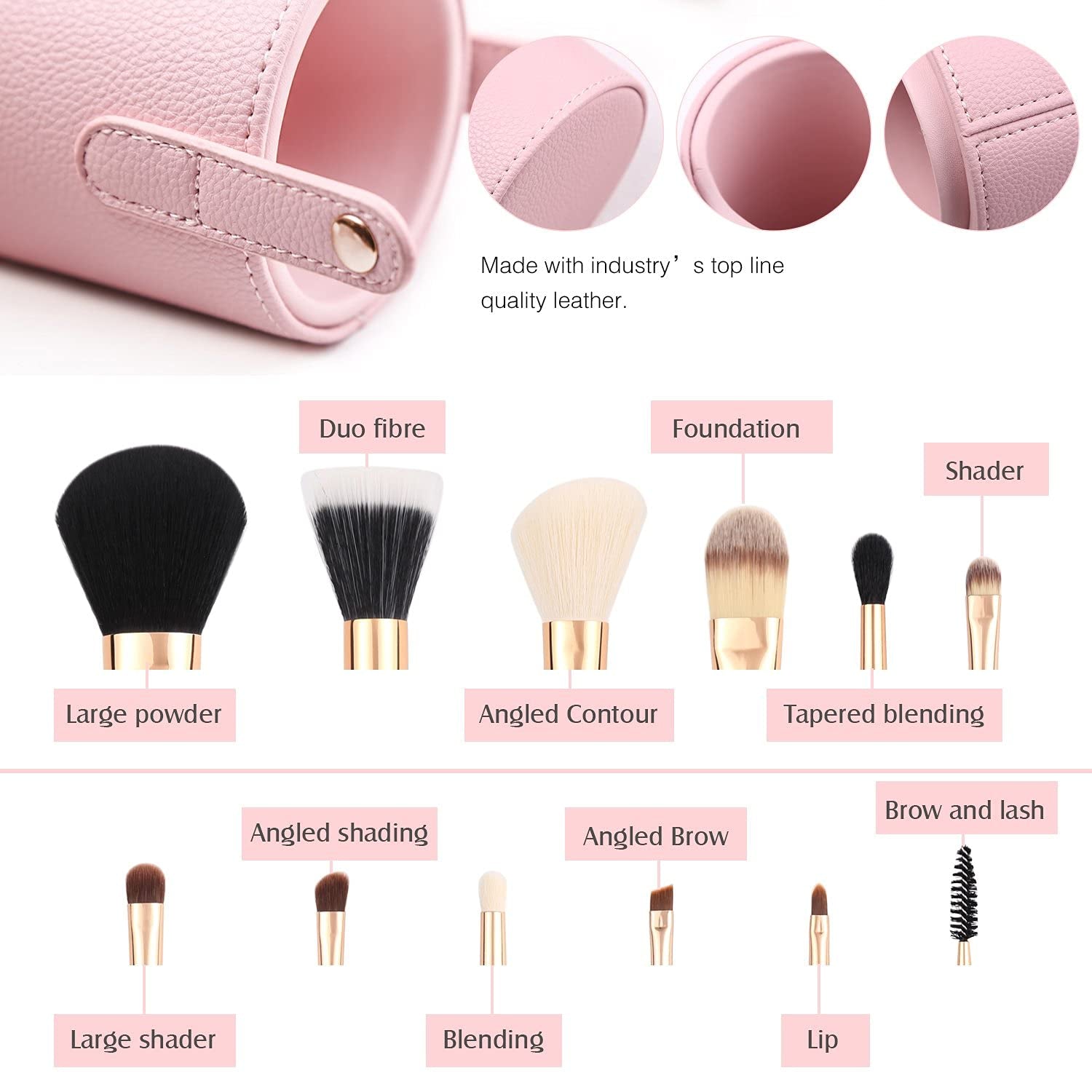 Makeup Brush Set 12Pcs Pink Synthetic Makeup Brushes Travel Set with Holder Makeup Brush Organizer Foundation Powder Contour Blush Eye Cosmetic Brush Sets in Case with Bonus Gift Makeup Sponge