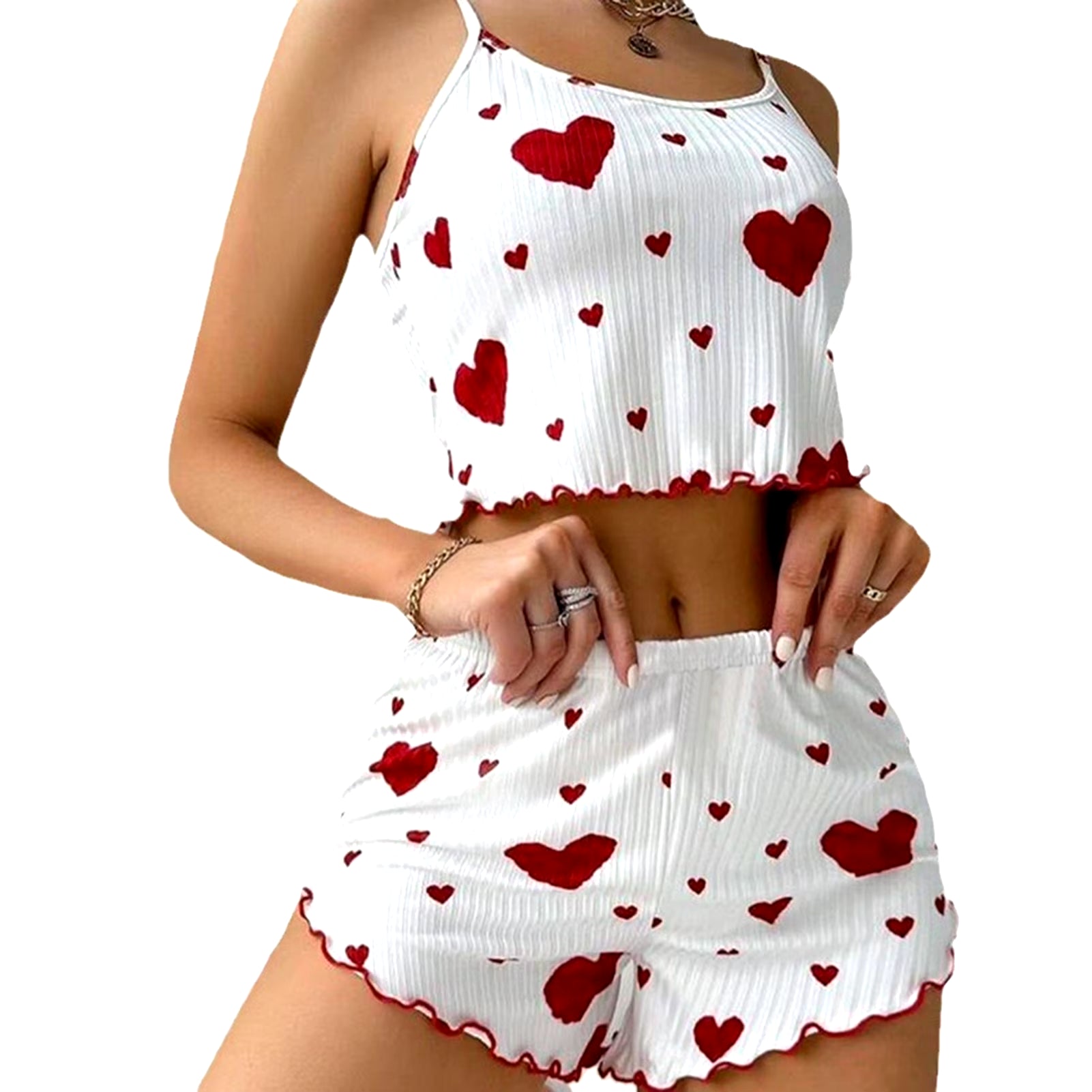 Women'S Pajamas Set Sleepwear 2 PCS Short Tank Tops and Shorts S M L White Ventilate Soft Casual Love Printing