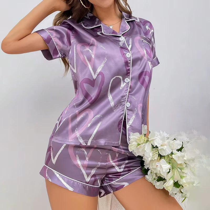 Women'S Heart-Shaped Print Satin Pajama Pj Set Soft & Comfortable Short Sleeve Buttons Lapel Tops & Shorts Sleepwear Loungewear